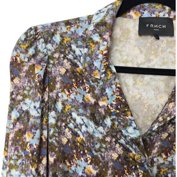 Frnch Sheila Print Floral Linen Blend Long Sleeve Tie Front Cropped Shirt (L) - Picture 8 of 15